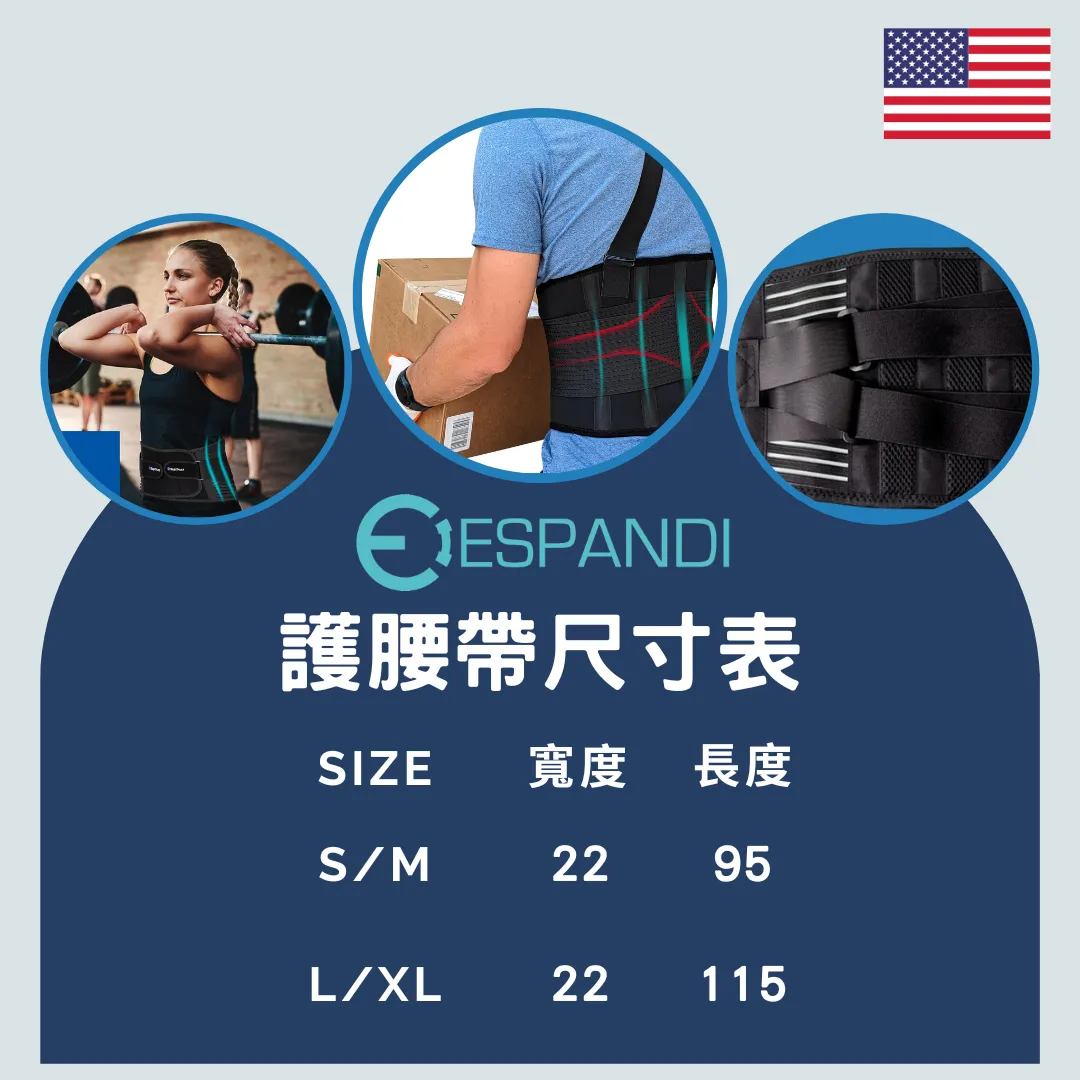 Espandi lumbar support belt size chart, S/M and L/XL width and length