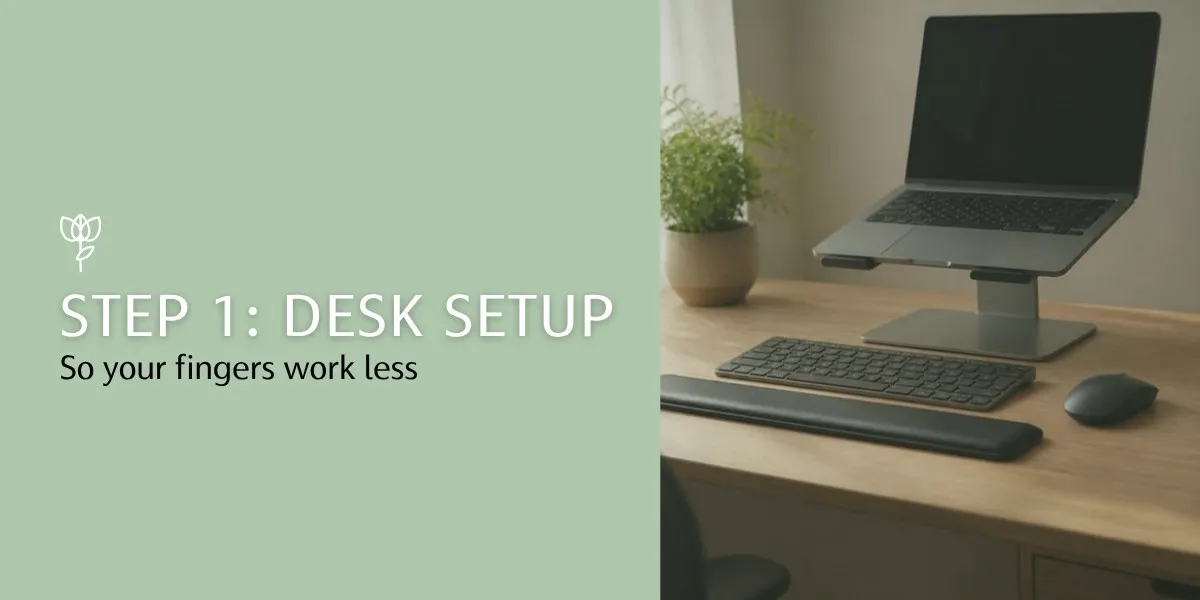 Step 1: desk setup with a raised laptop, separate keyboard and mouse