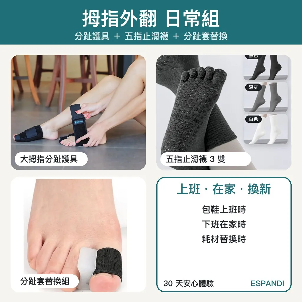拇指外翻日常組｜大拇指分趾護具＋五指止滑襪3雙＋矽膠分趾套替換組