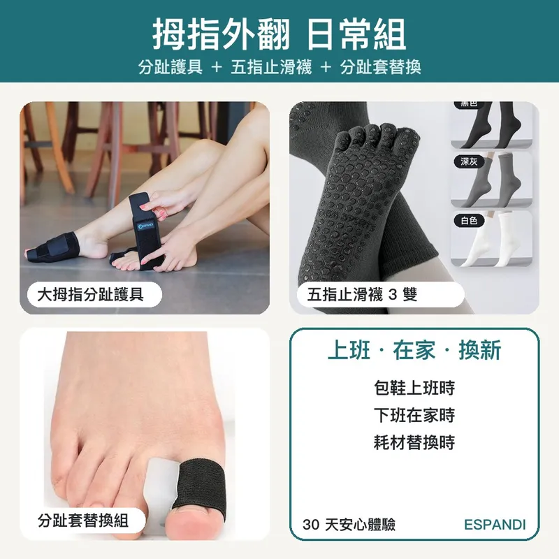 拇指外翻日常組｜大拇指分趾護具＋五指止滑襪3雙＋矽膠分趾套替換組