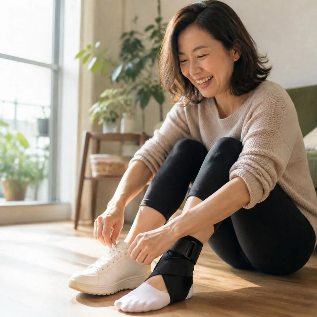 出門前穿上8字綁帶護踝再穿運動鞋（AI 情境示意）