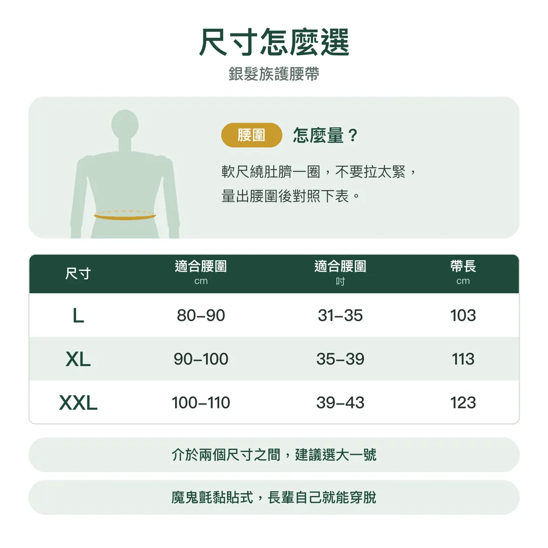 Senior lumbar support size chart: L, XL, XXL for waist 80-110 cm