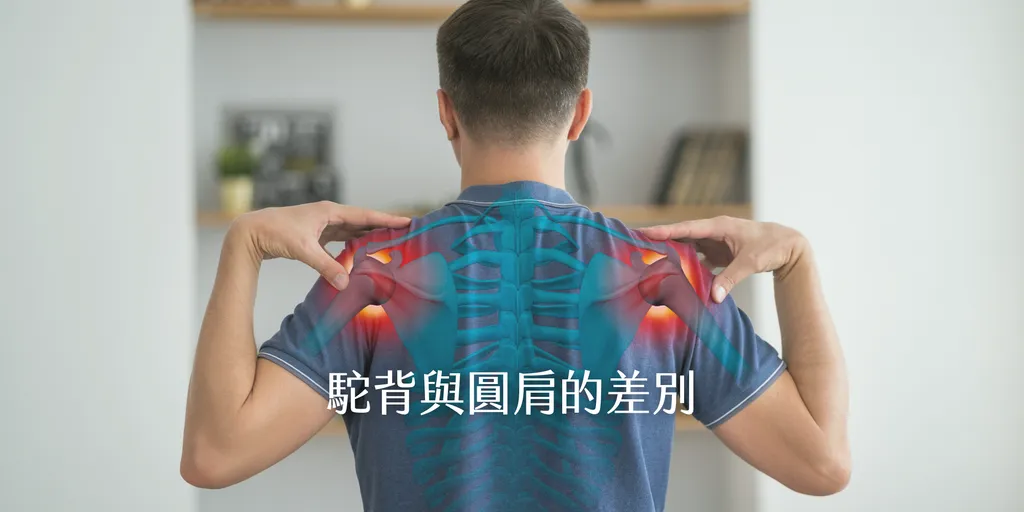 男性從背後展示肩頸骨骼透視圖，紅色標示肩關節疼痛處，說明駝背與圓肩的差別