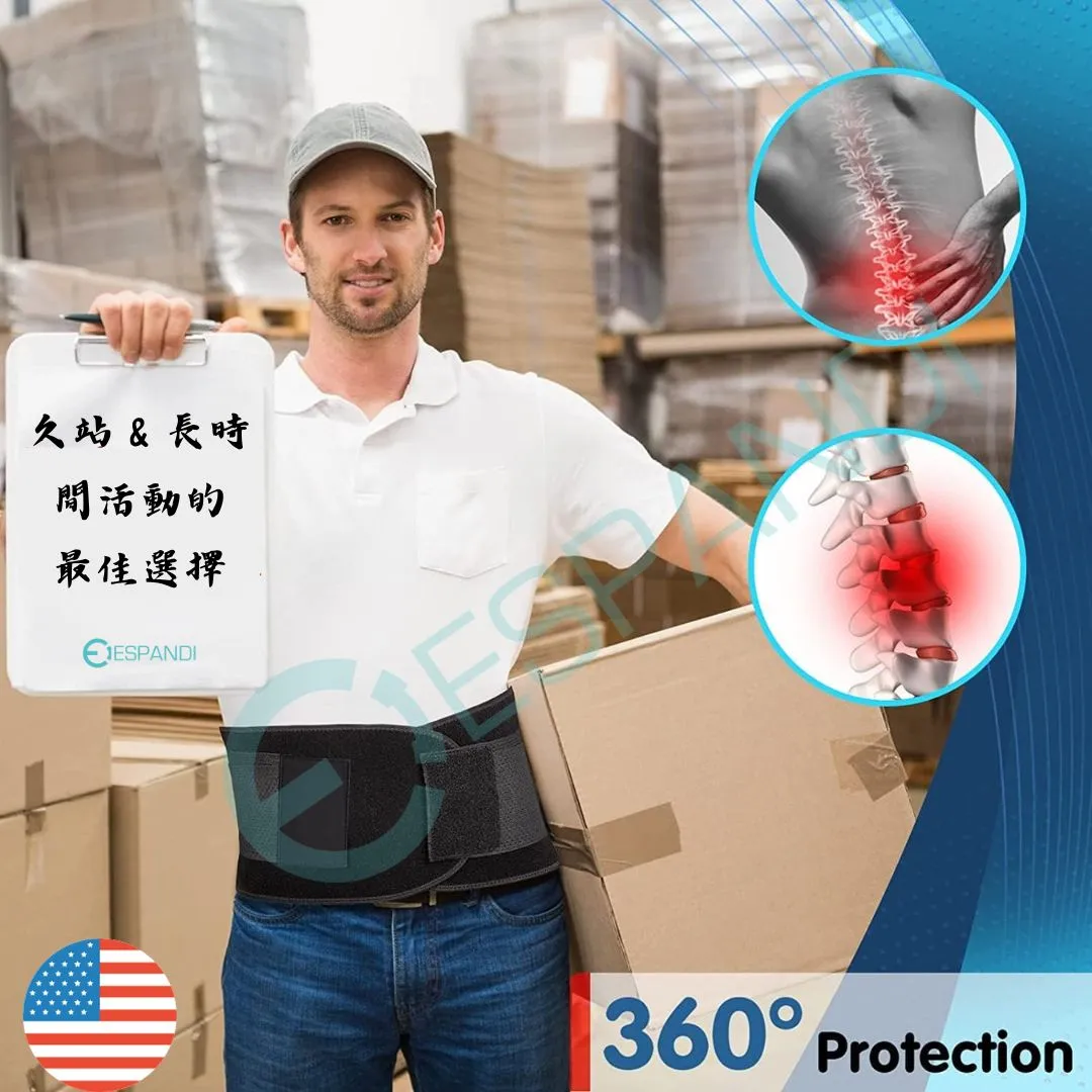 Espandi lumbar belt use cases: long sitting or standing, 360-degree wrap