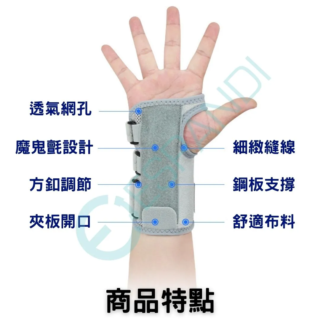 Espandi 鋁條護腕商品特點 透氣網孔 魔鬼氈設計 方扣調節 夾板開口 細緻縫線 鋼板支撐 舒適布料