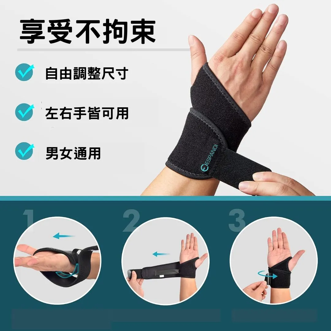 Espandi wrist brace, unrestricted movement, freely adjustable, fits either hand, unisex