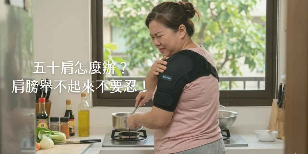 女性五十肩問題，穿戴護肩示意