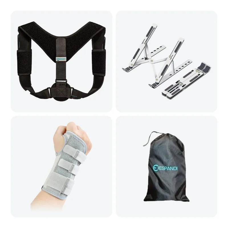 Desk Worker's Ergonomic Set | Shoulder & Back Support + Aluminium-Stay Wrist Brace + Laptop Stand