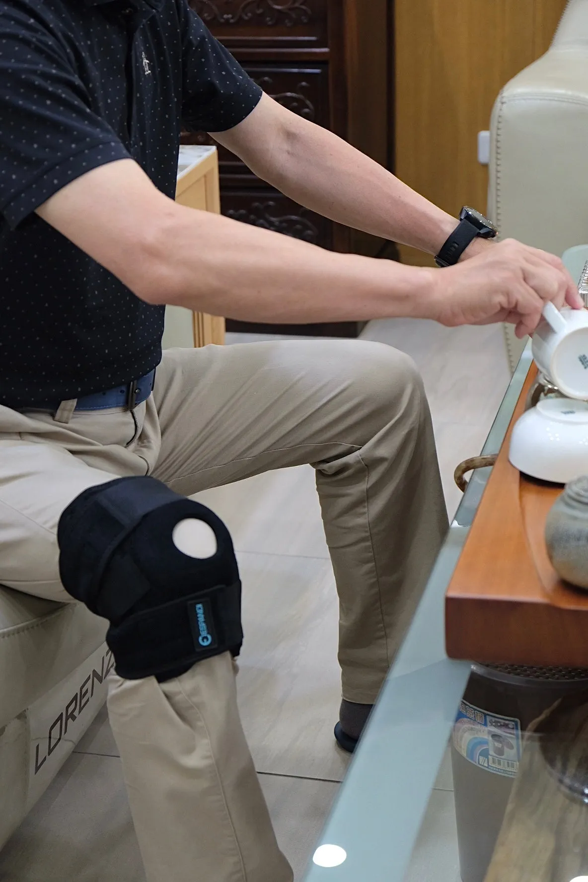 Espandi knee brace worn at home for chores, and on long walks and hiking trails