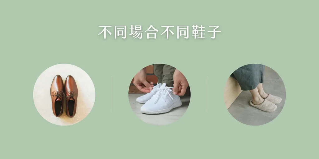 不同場合的鞋款選擇：上班皮鞋、運動健走鞋、居家拖鞋