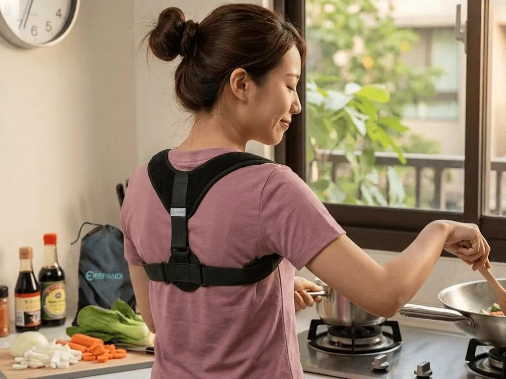 女性在廚房煮飯，背後穿戴黑色肩背支撐帶的 AI 情境示意