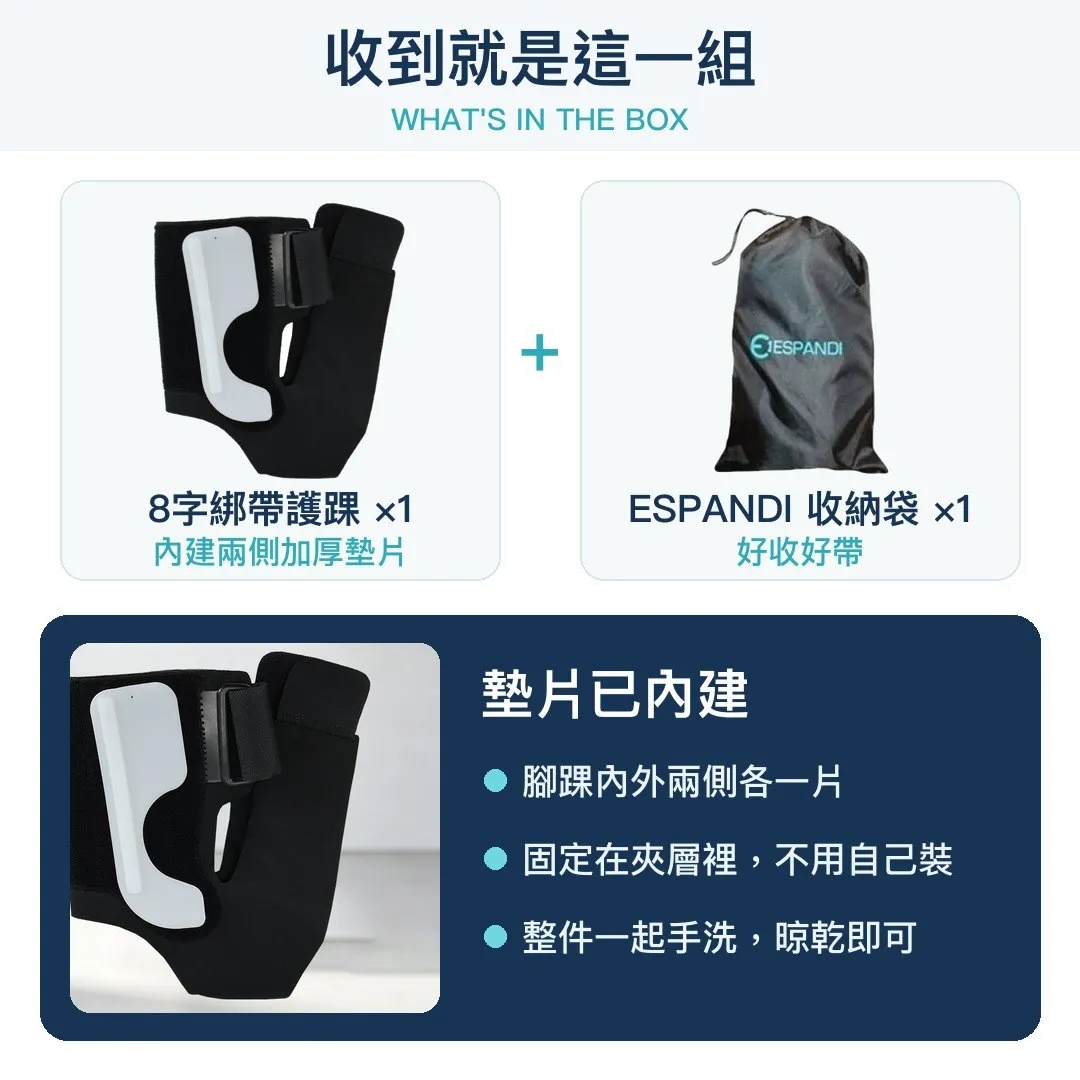 綁帶護踝內容物 護踝與 ESPANDI 收納袋 墊片已內建