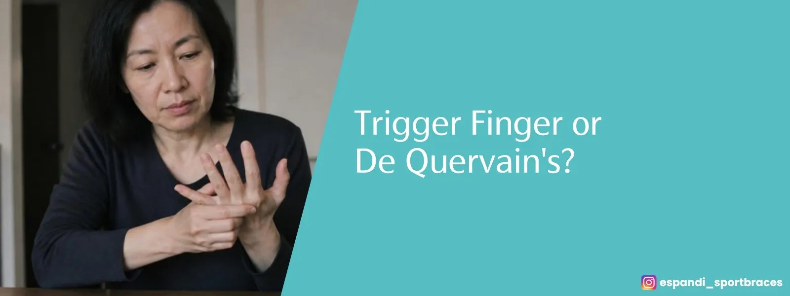 Trigger finger or De Quervain's? A woman pressing the base of her ring finger to find the sore spot