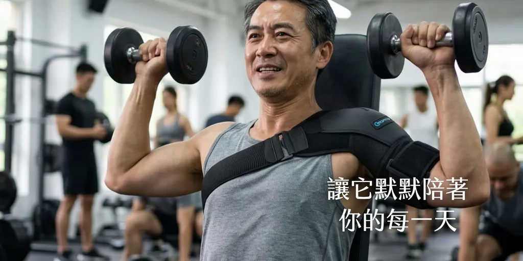 中年人戴護肩在健身房運動