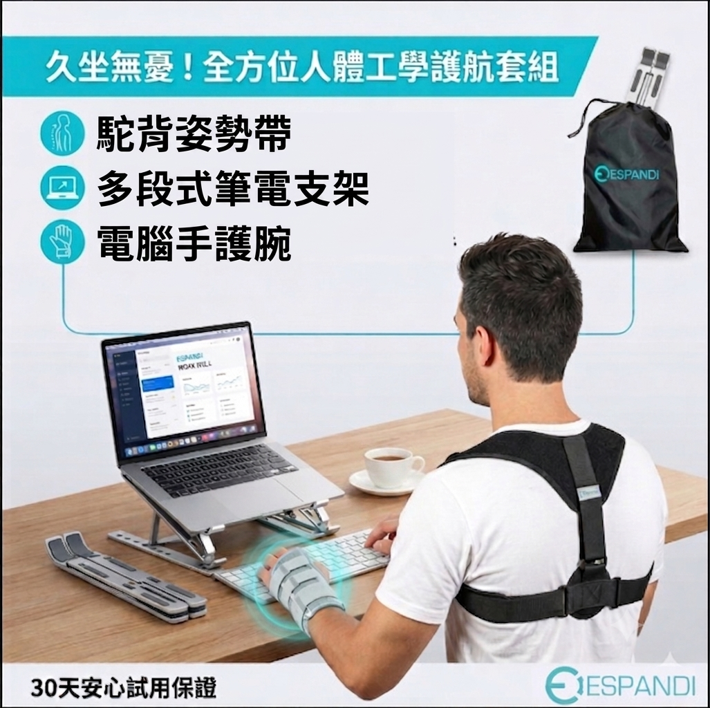 久坐族人體工學套組｜駝背姿勢帶＋鋁條護腕＋筆電支架
