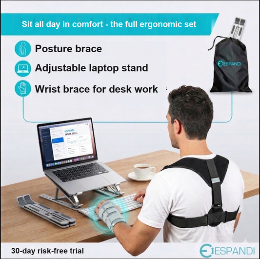 Desk worker's ergonomic set: posture brace, laptop stand and wrist brace