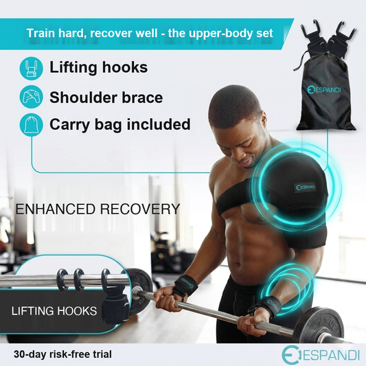 Upper-body training set: lifting hooks, shoulder brace and carry bag