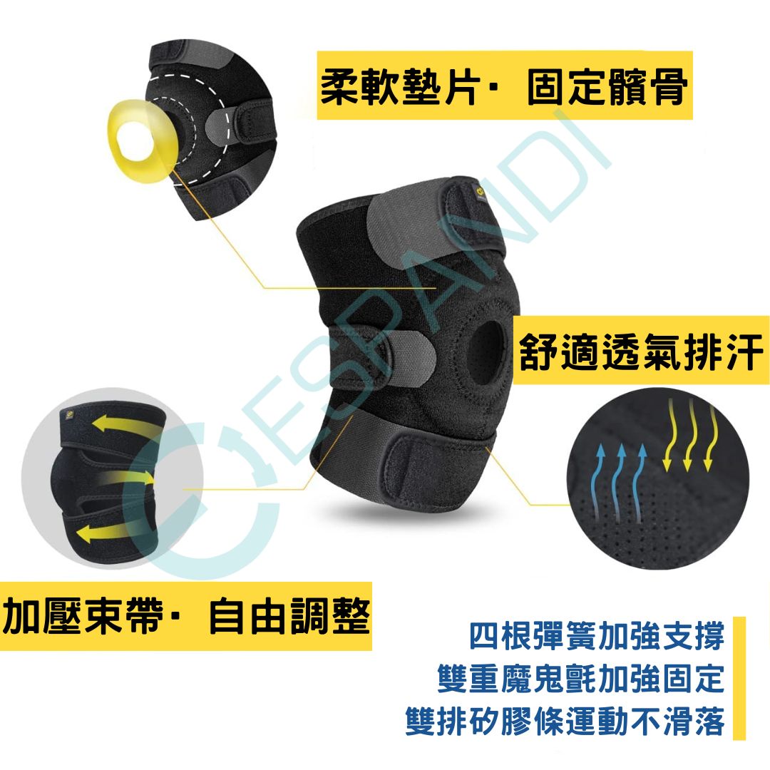 運動護膝細節展示｜柔軟墊片固定髕骨｜加壓束帶自由調整｜雙排矽膠運動不滑落